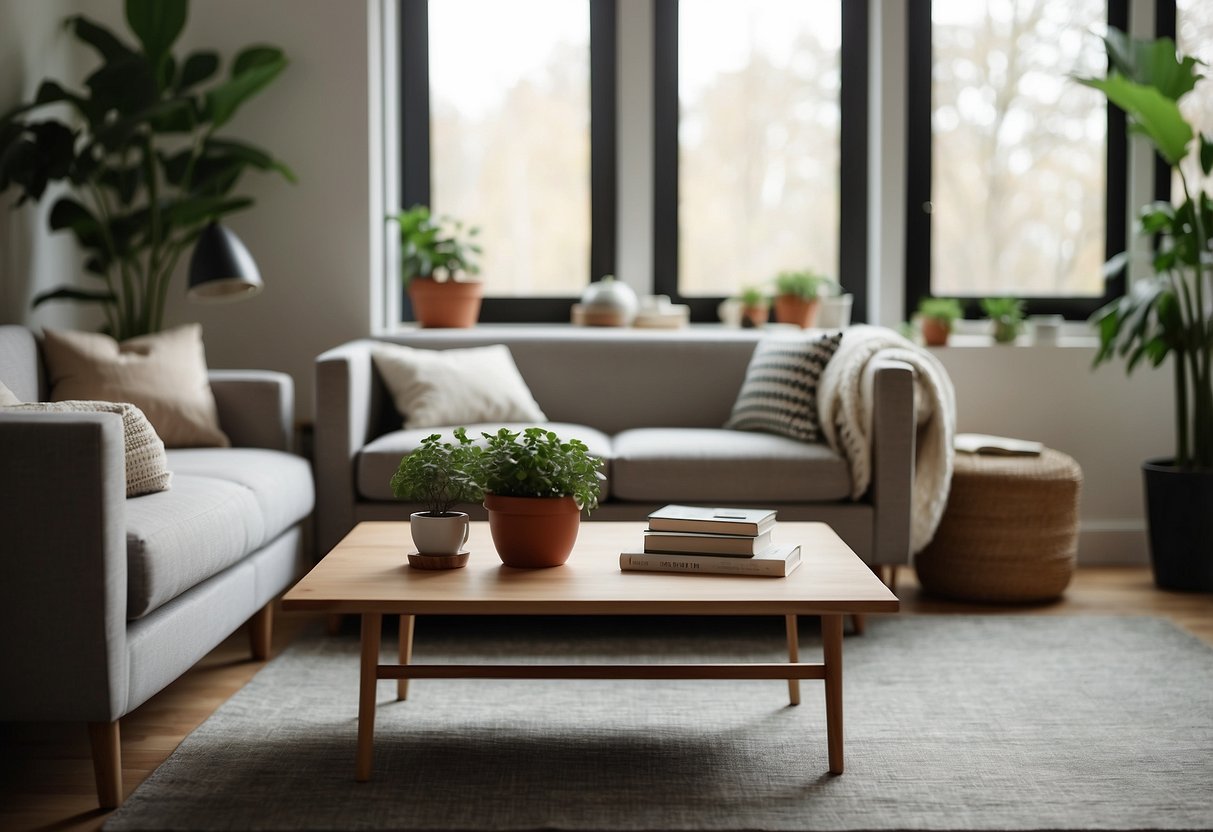 A cozy living room with a plush sofa, a coffee table with books and a warm throw blanket, a stylish TV stand, and a potted plant in the corner