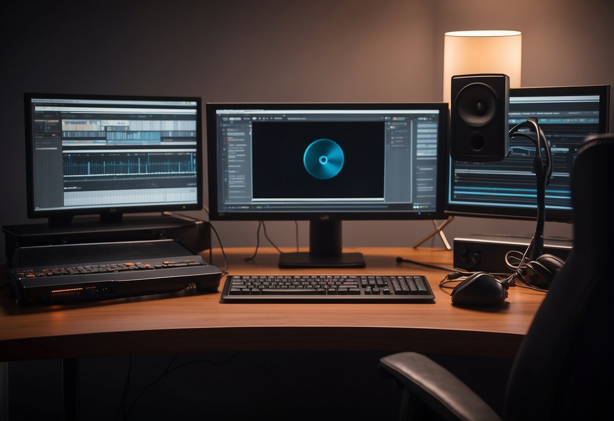 A desk with a computer, microphone, and headphones. A soundproof booth with a chair and music stand. Shelves with audio equipment and instruments