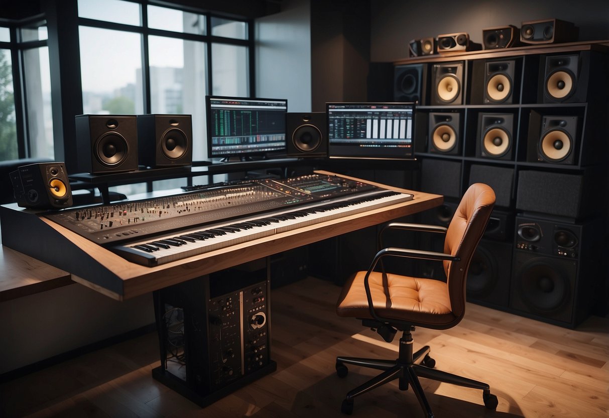 A sleek, modern studio desk with multiple shelves and compartments, designed to hold recording equipment and instruments. The desk is positioned in a well-lit room with soundproofing panels on the walls