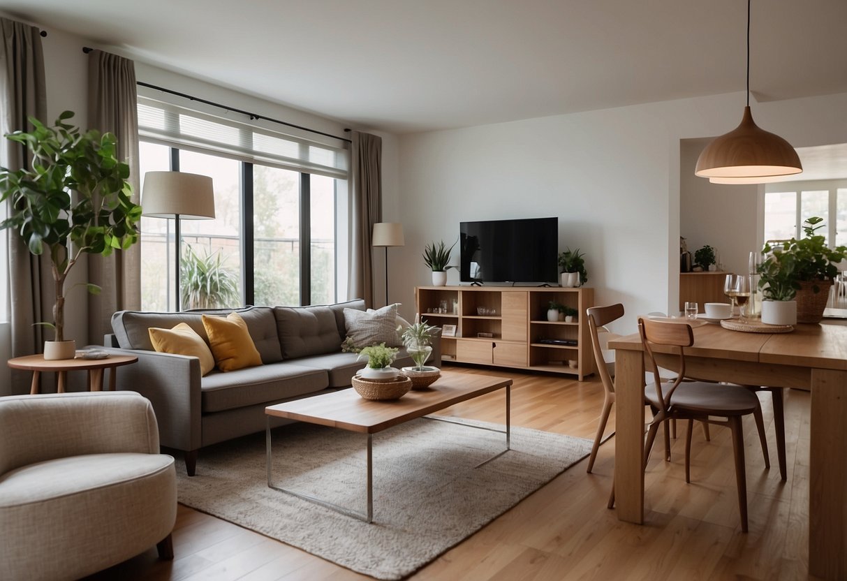A living room with a sofa, coffee table, bookshelf, and floor lamp. A dining room with a table, chairs, and a sideboard. A bedroom with a bed, nightstands, and a dresser