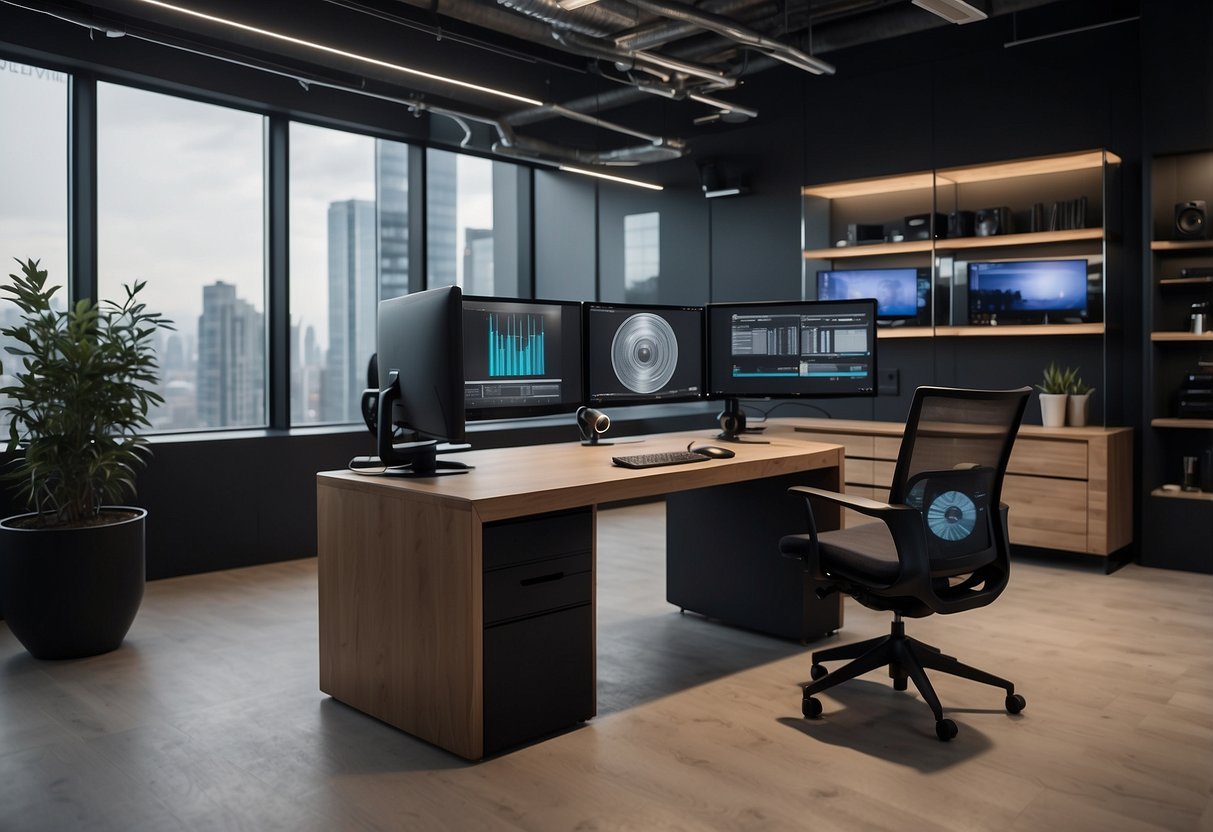 A sleek, modern desk with adjustable shelves and cable management, surrounded by ergonomic chairs and soundproof panels