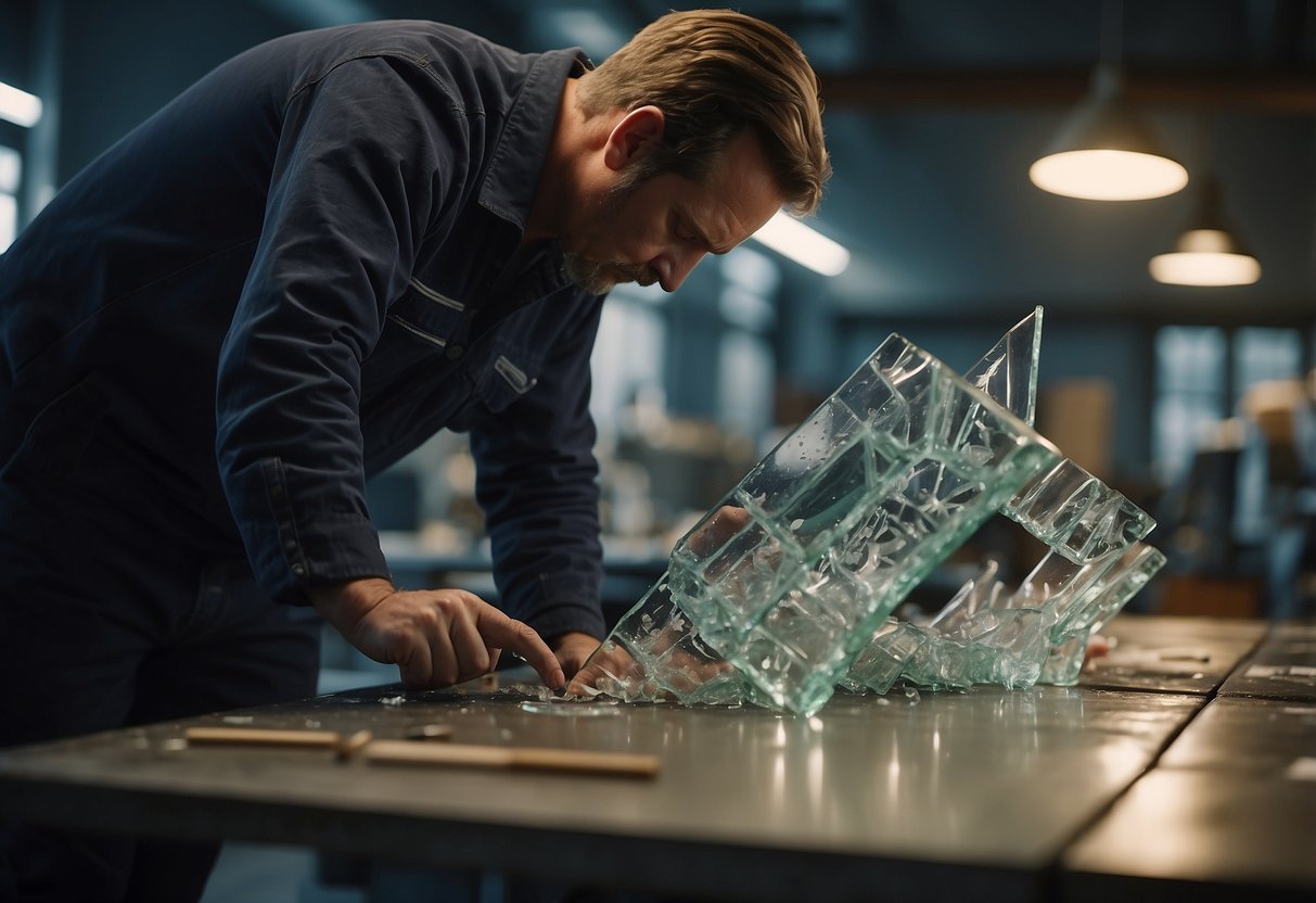 A broken glass table is being repaired by a technician in a workshop filled with various furniture pieces