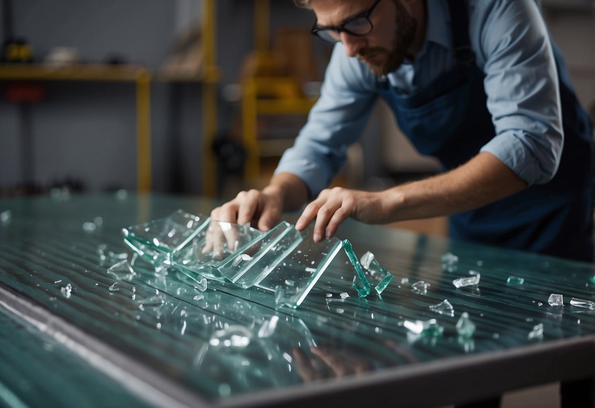 A broken glass table sits on the floor next to a repair technician's toolkit. The technician examines the damage, ready to begin the repair process