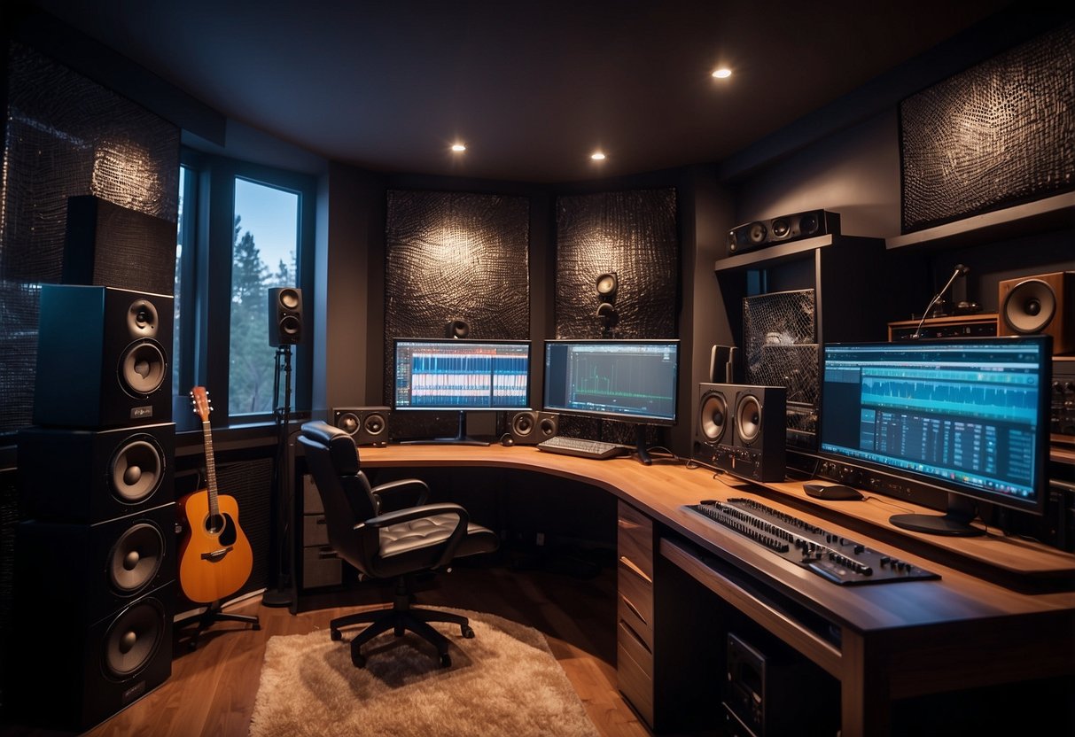 A cozy home studio with a desk, chair, microphone, headphones, and soundproofing panels. Shelves hold audio equipment and instruments. A computer screen displays recording software