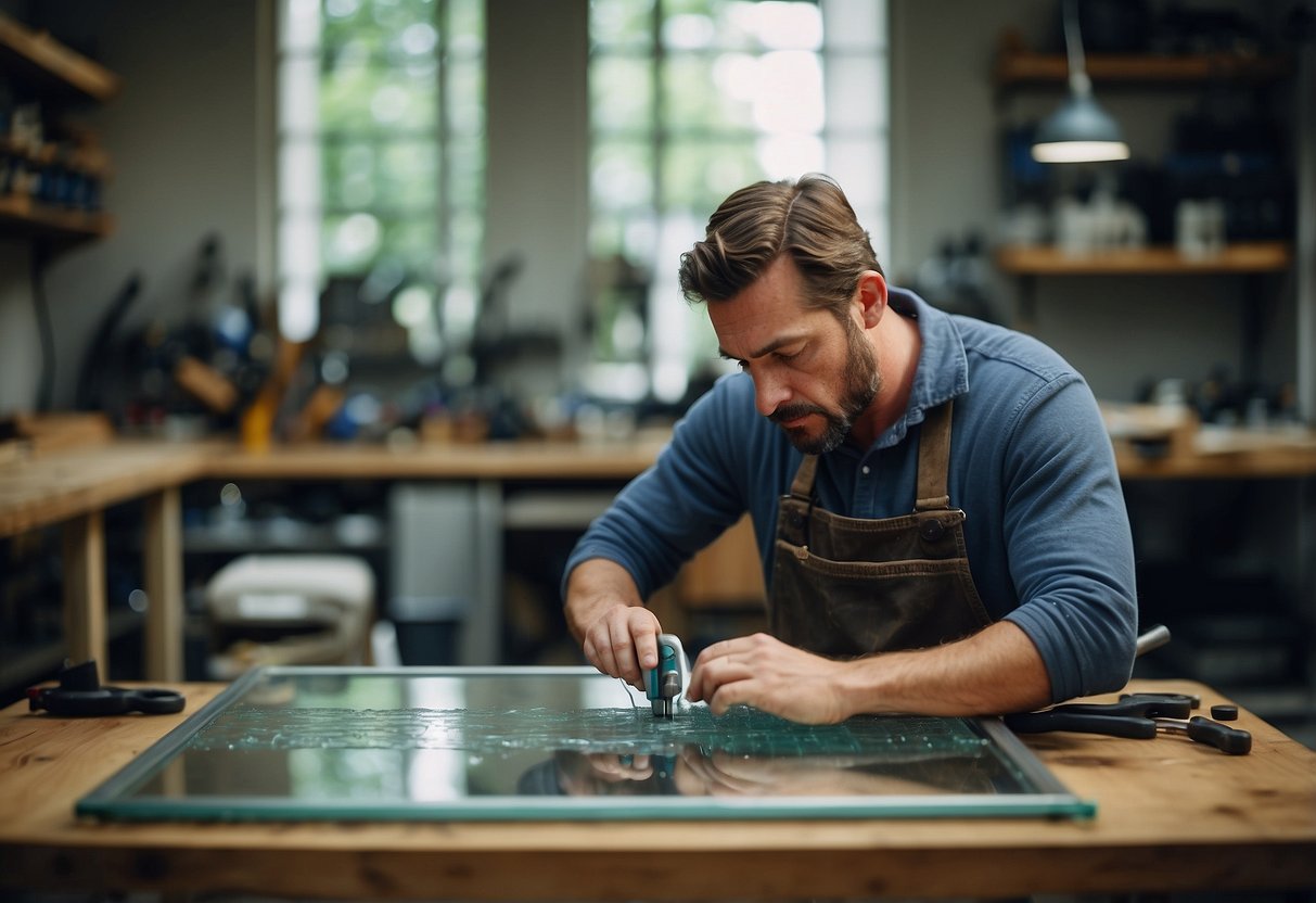 A technician carefully repairing a cracked glass tabletop in a well-lit workshop. Tools and equipment are neatly organized on the workbench