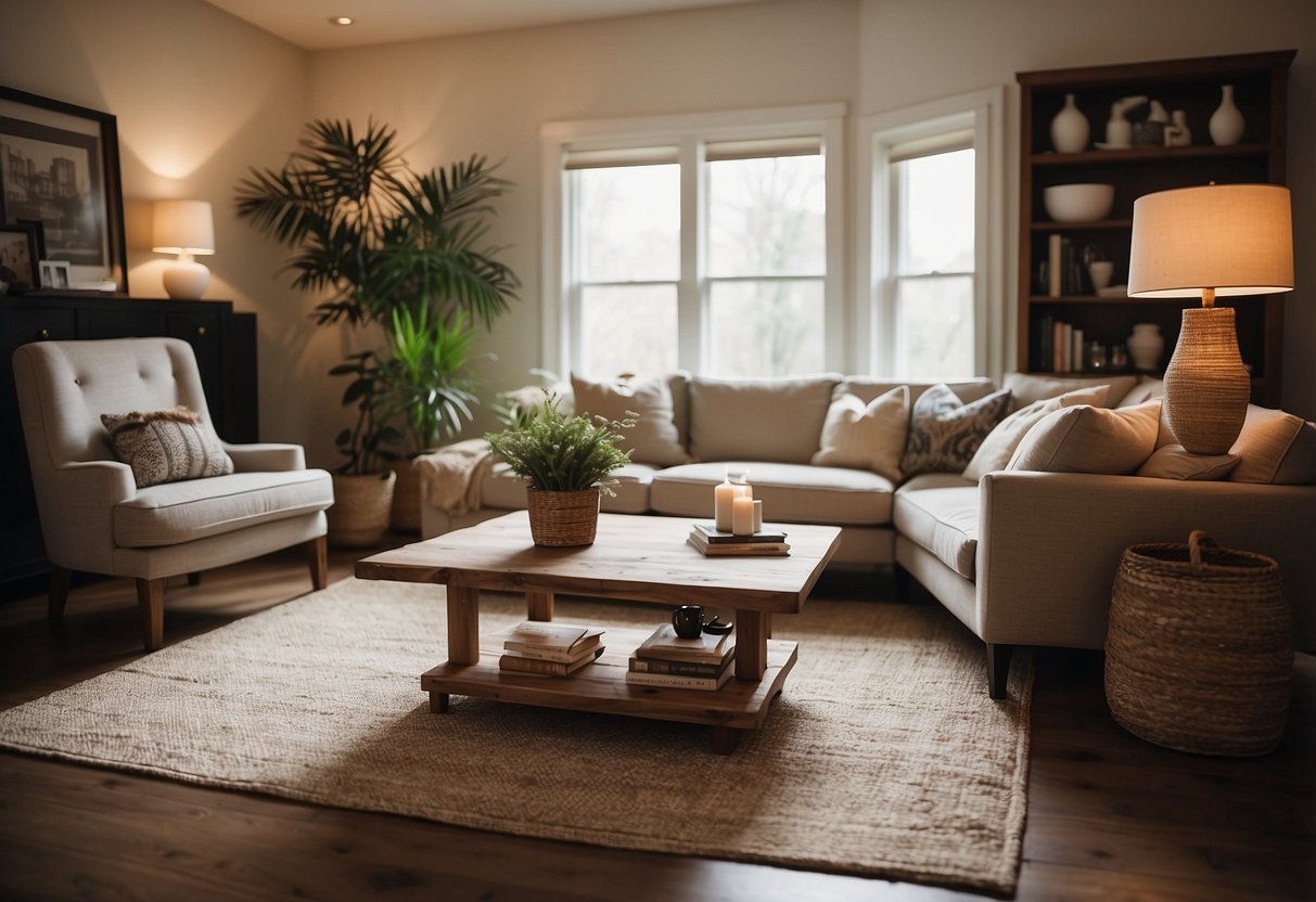 A cozy living room with a plush sofa, coffee table, and bookshelf. A dining area with a wooden table and chairs. Various lamps, rugs, and decor items scattered throughout the room