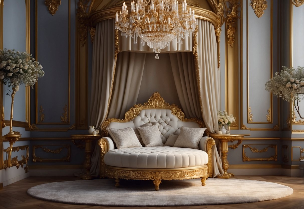 A royal bed with intricate carvings, a regal vanity with a mirror, and a majestic throne adorned with jewels