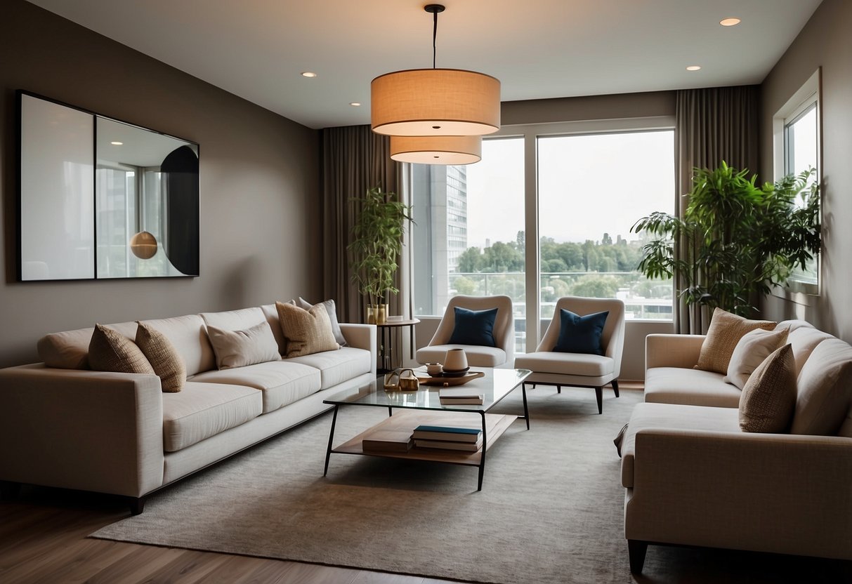 A spacious room with various furniture options displayed, including sofas, tables, and chairs. Bright lighting and a neutral color scheme create a welcoming atmosphere