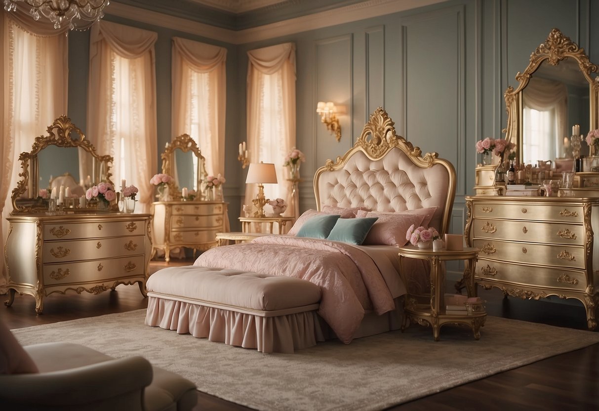 A room filled with Disney Princess furniture, featuring elegant beds, ornate dressers, and enchanting vanity tables