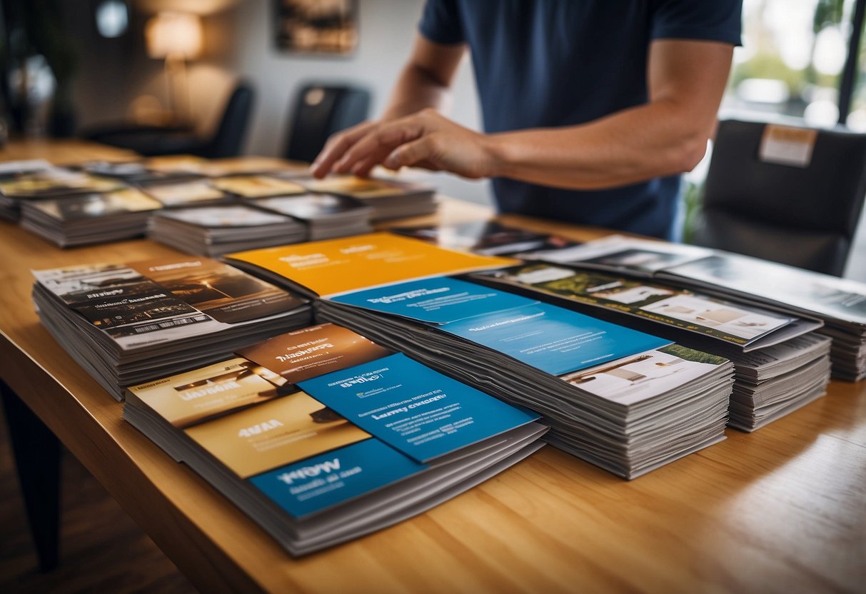 A customer browsing furniture brochures with prices and details displayed