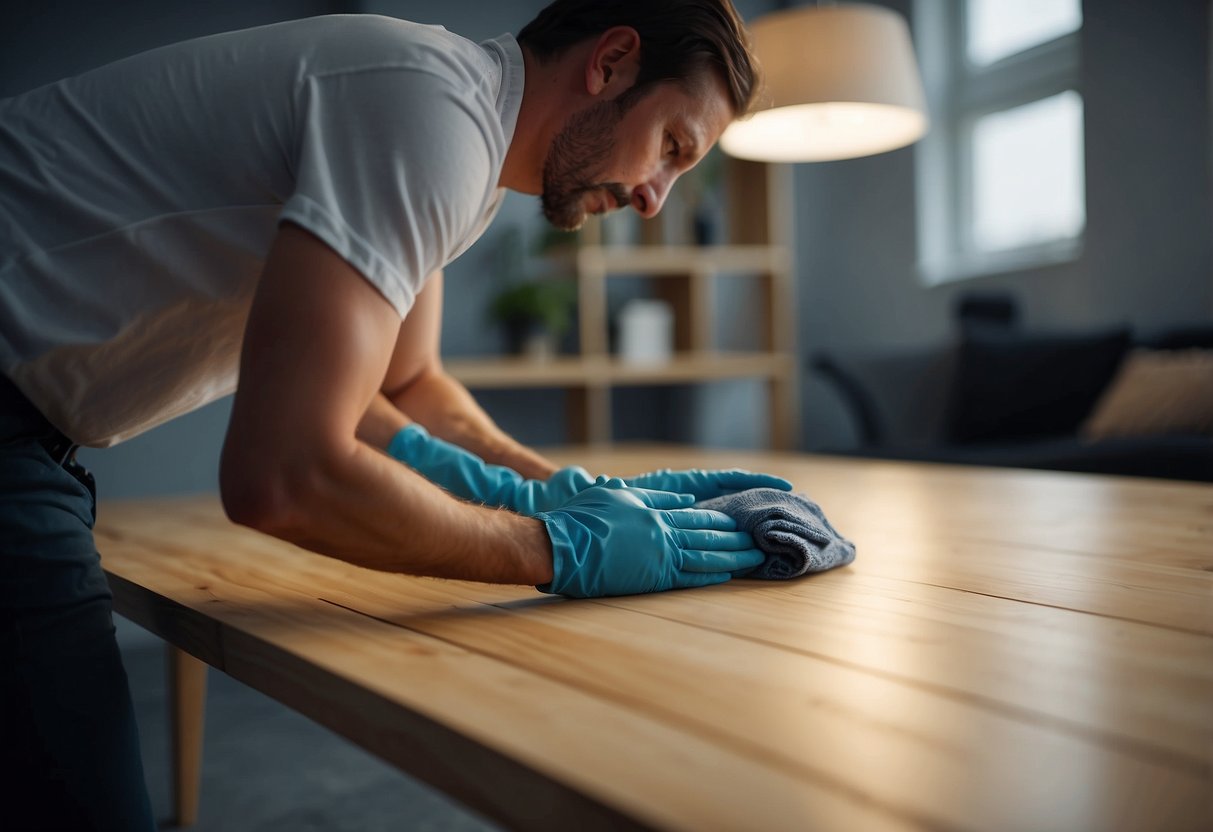 A person wipes down an IKEA table with a damp cloth, then polishes it with a dry cloth. They vacuum around the legs and inspect for any loose screws or parts