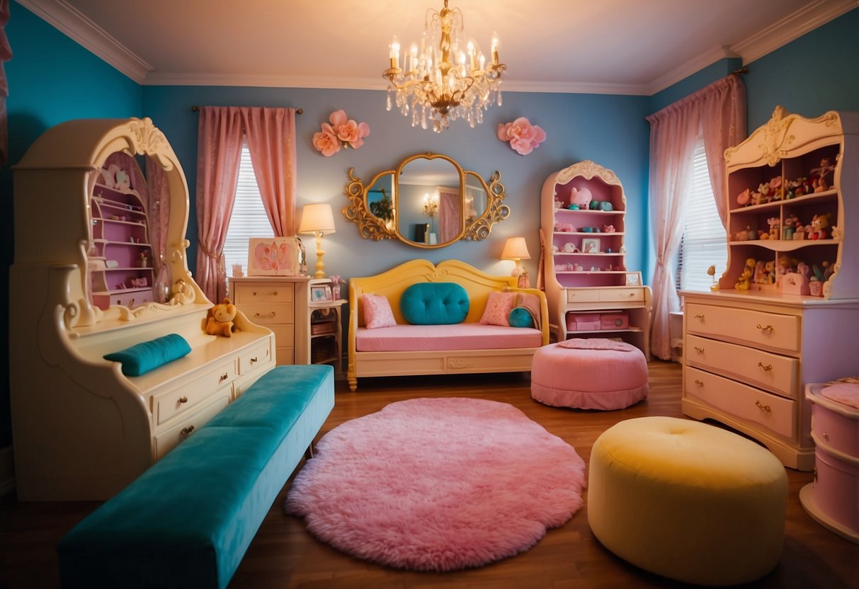 A room filled with Disney princess-themed furniture, including beds, dressers, and chairs. Bright colors and magical details create a whimsical and enchanting atmosphere