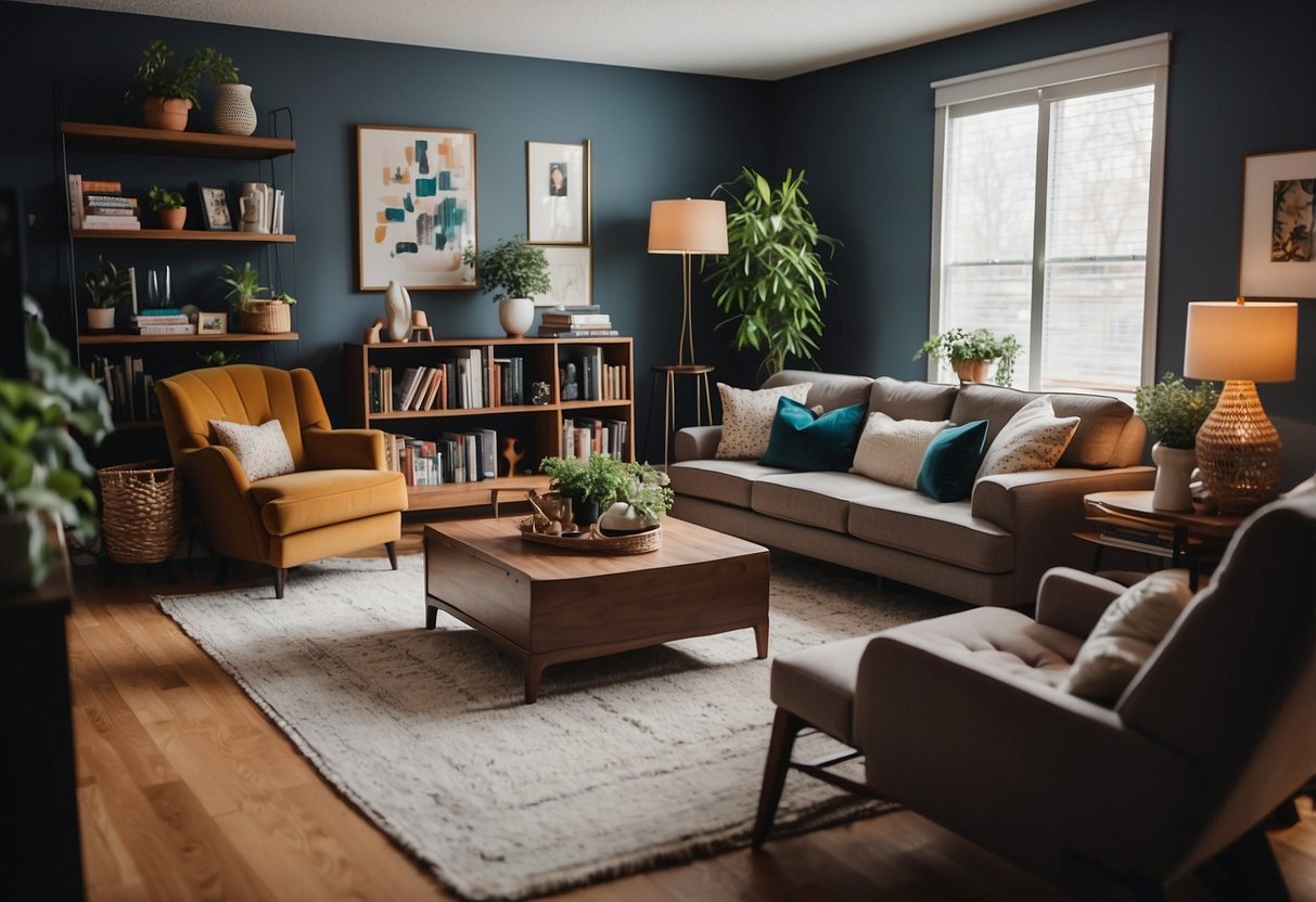 A cozy living room with a variety of furniture for sale, including sofas, coffee tables, and bookshelves. The space is well-lit and inviting, with vibrant colors and stylish decor
