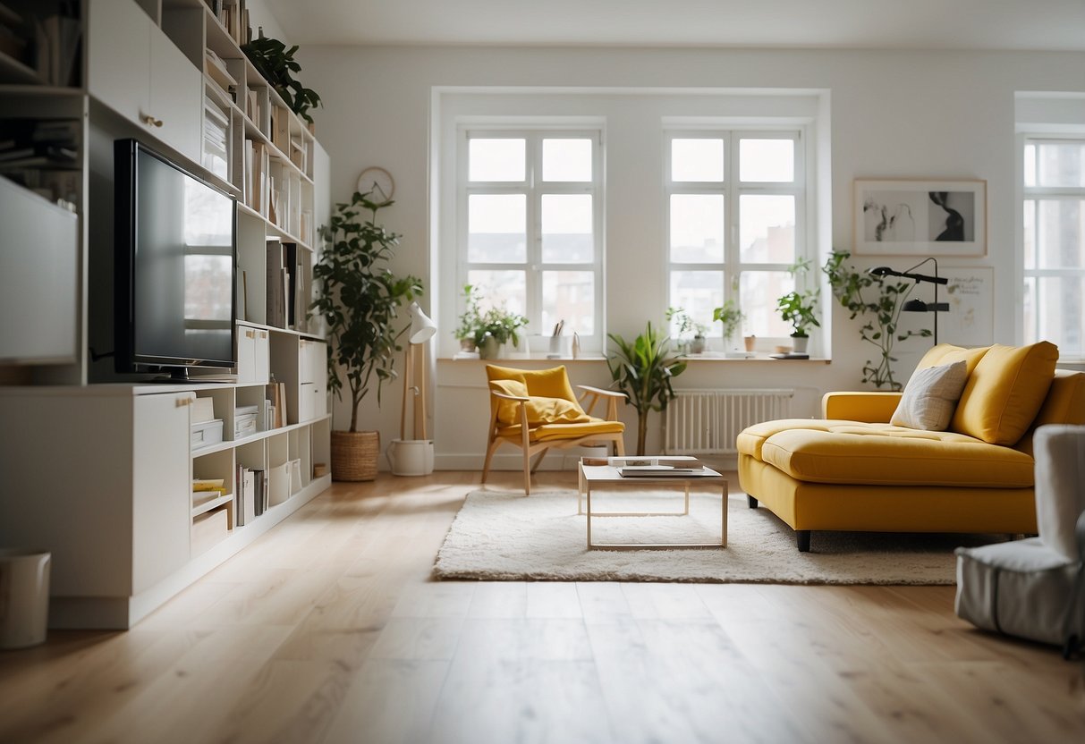 A bright, spacious room with modern IKEA furniture being meticulously wiped down and polished, with cleaning supplies neatly organized nearby