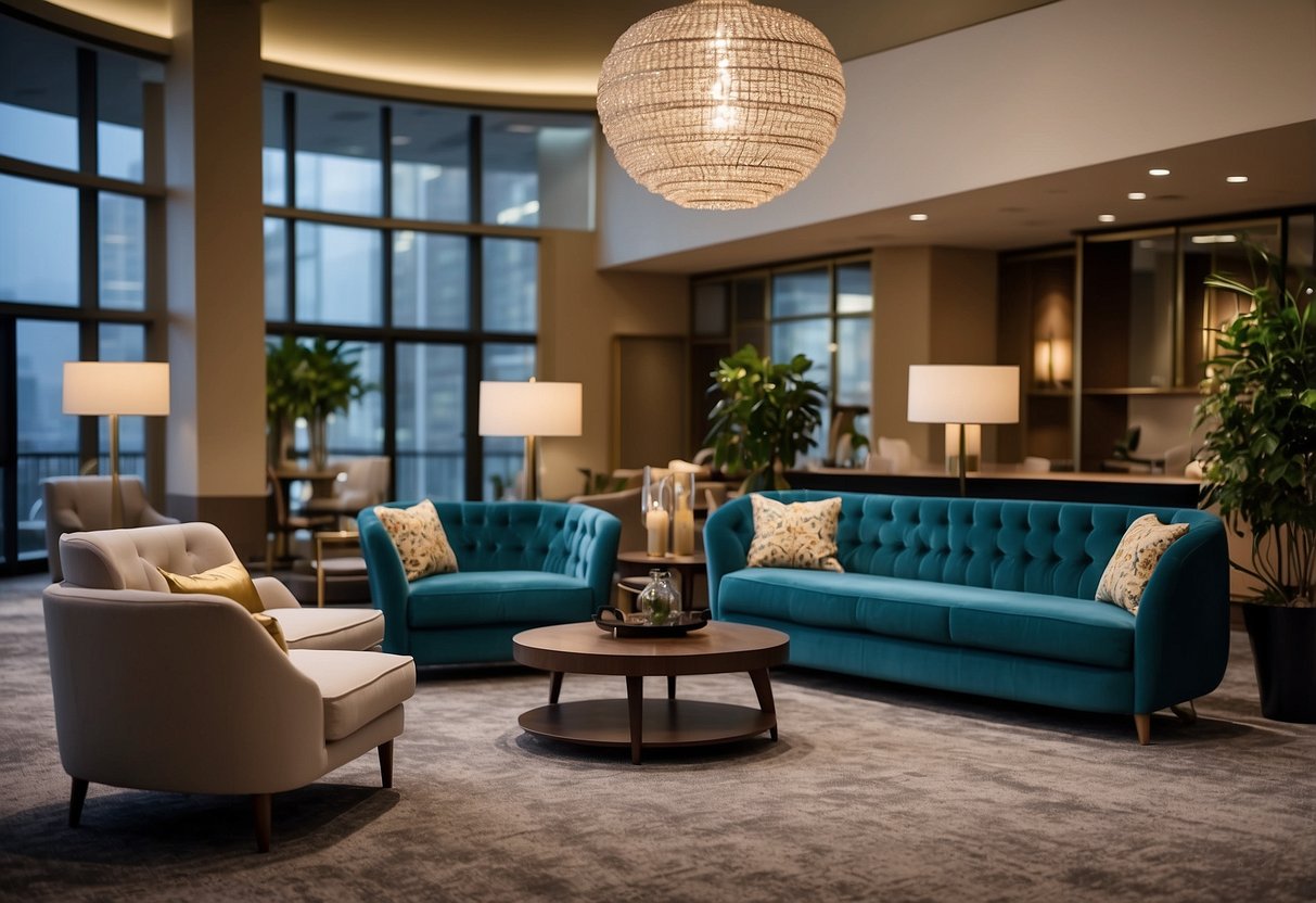 Various hotel furniture items displayed in a spacious showroom, including chairs, tables, and dressers. Bright lighting and clean, modern design