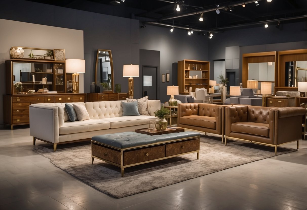 Various furniture pieces neatly arranged in a showroom with price tags. Bright lighting highlights the polished surfaces, inviting customers to browse and purchase