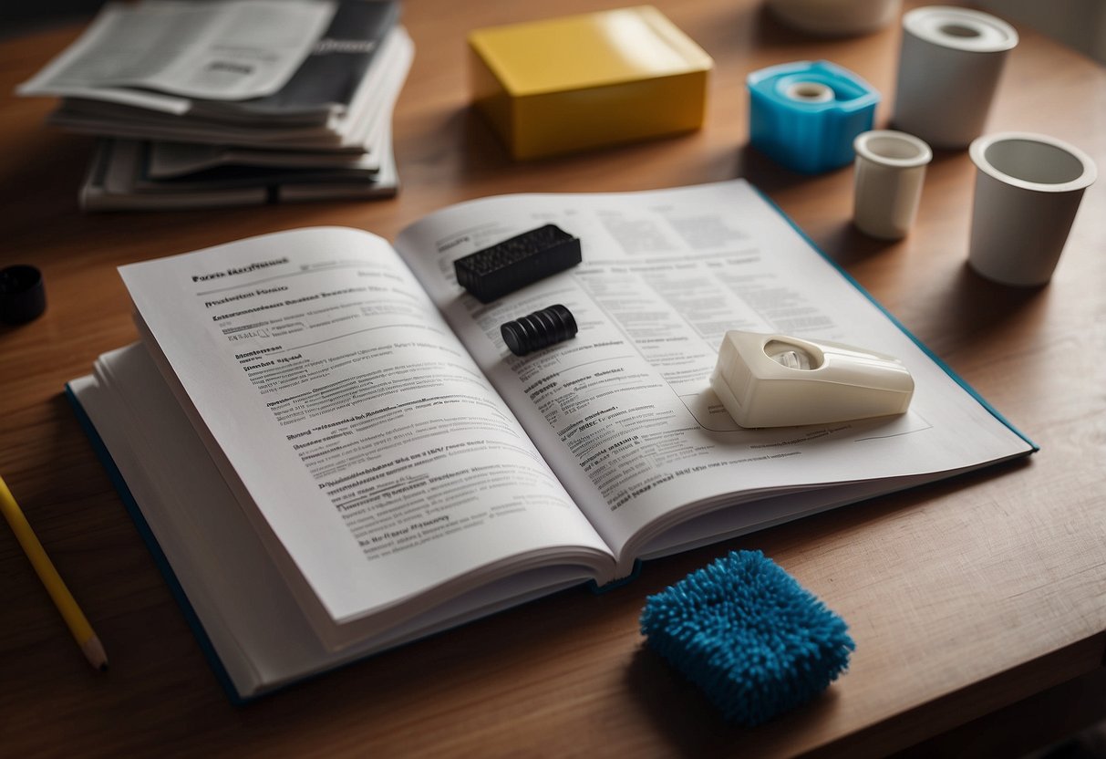 An open IKEA instruction manual with cleaning supplies nearby