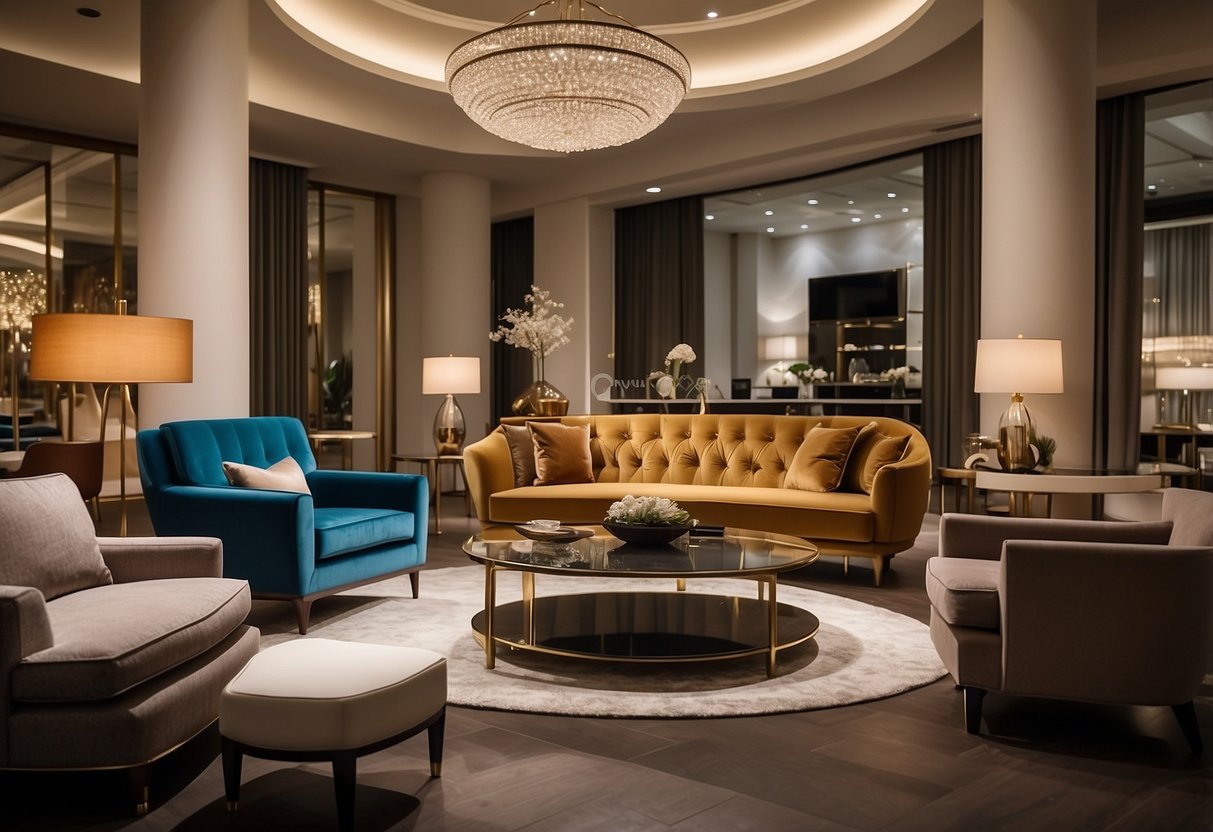 A showroom displays various hotel furniture for sale, including elegant chairs, sleek tables, and luxurious bed frames