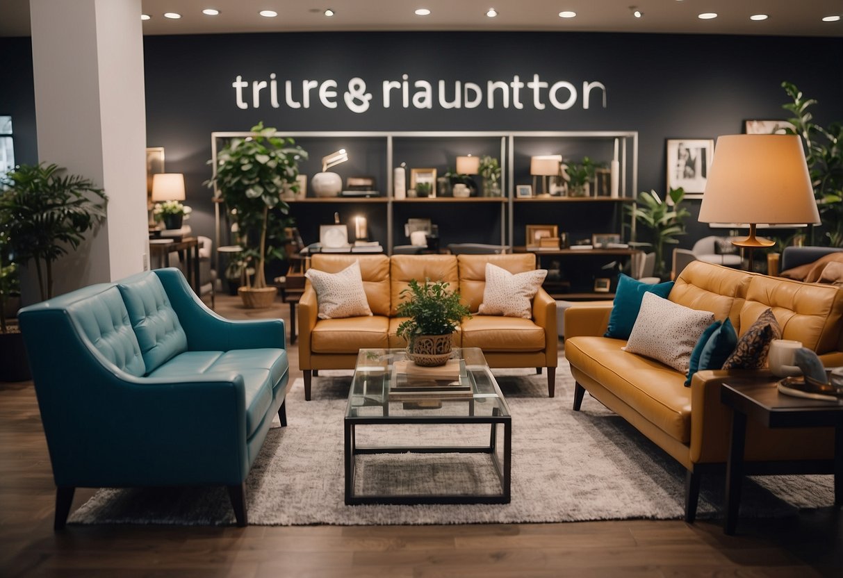 A showroom with neatly arranged furniture labeled "Returned for Sale." Customers browse through the items, inspecting for any imperfections