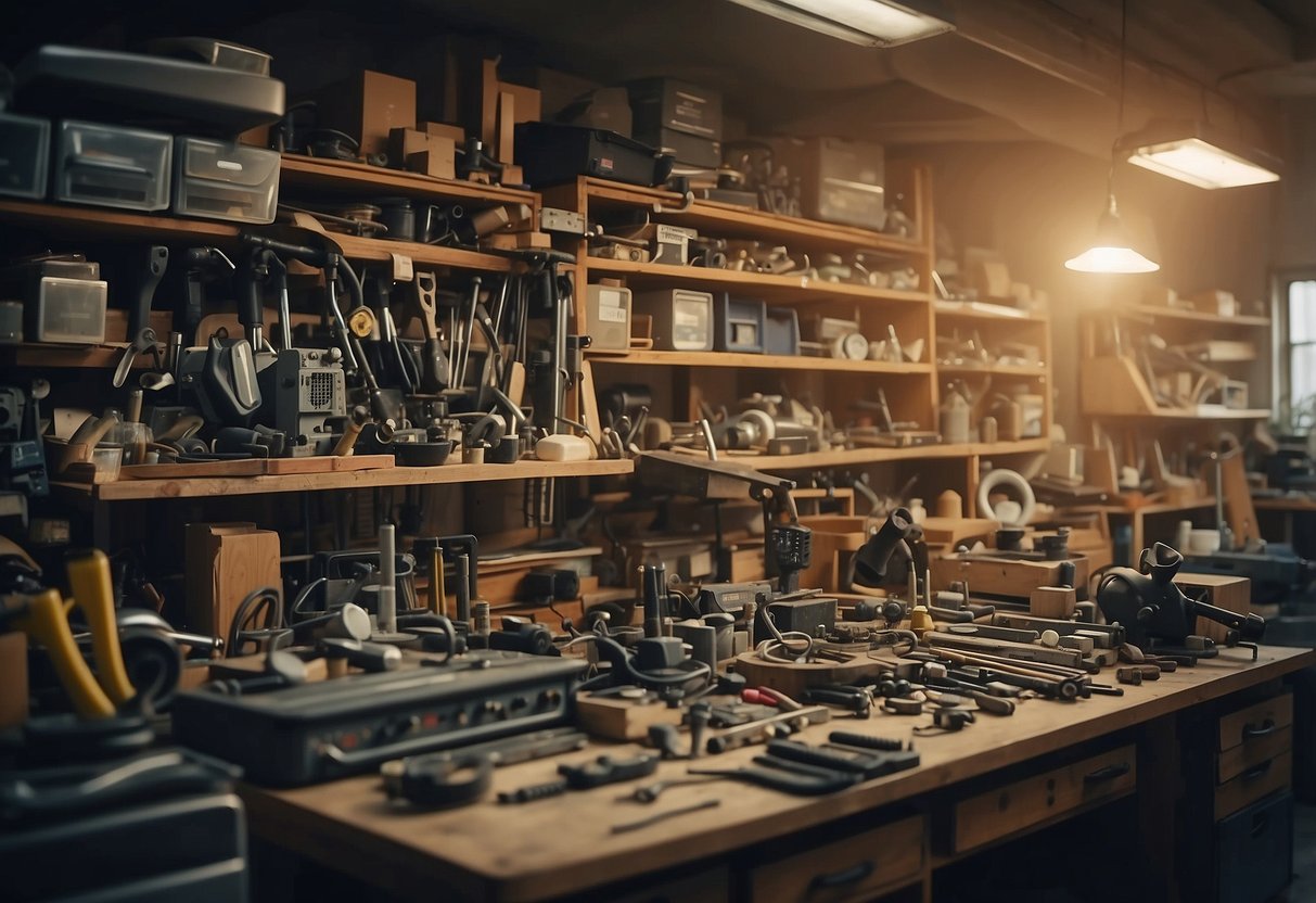 A cluttered workshop with tools and workbenches, surrounded by shelves of hardware and furniture parts