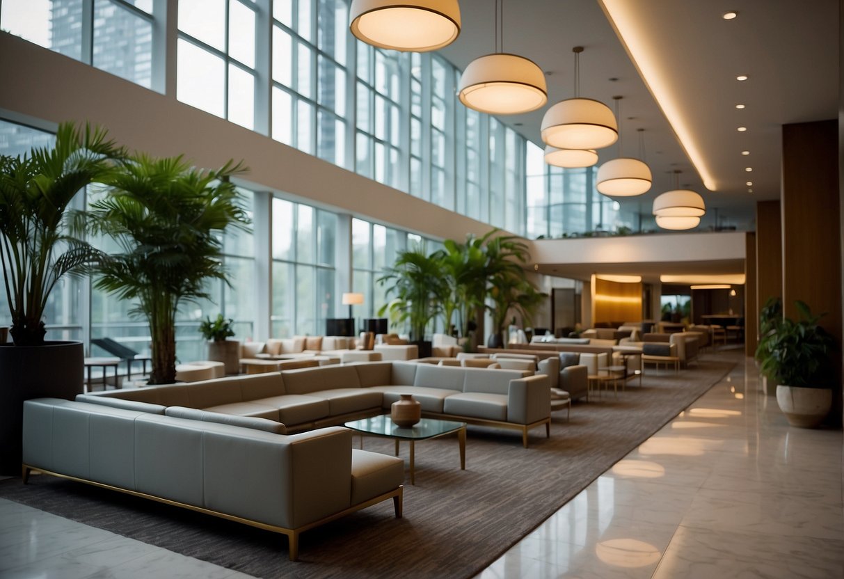 A hotel lobby with modern furniture on display for sale. Bright lighting showcases the sleek designs and comfortable seating options