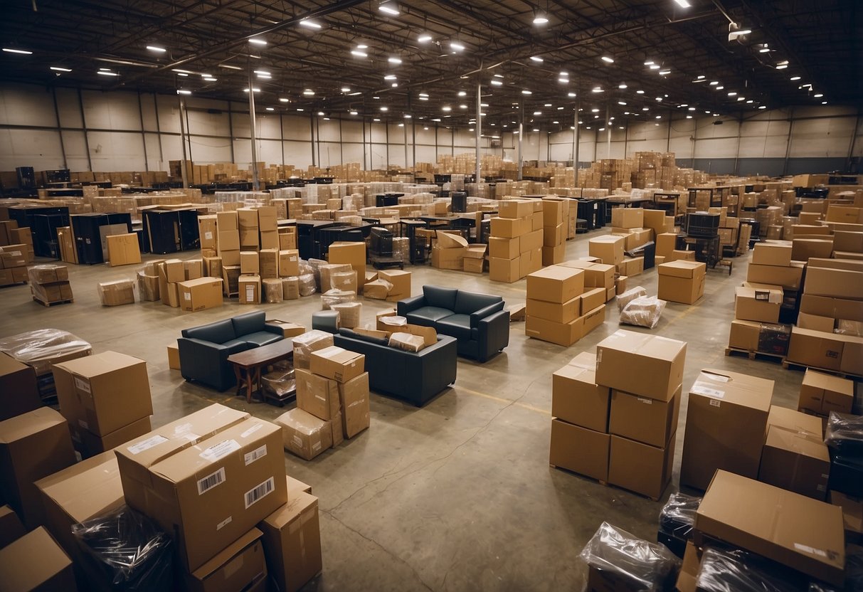 A warehouse filled with returned furniture, labeled for resale. Strategically organized for easy access and viewing