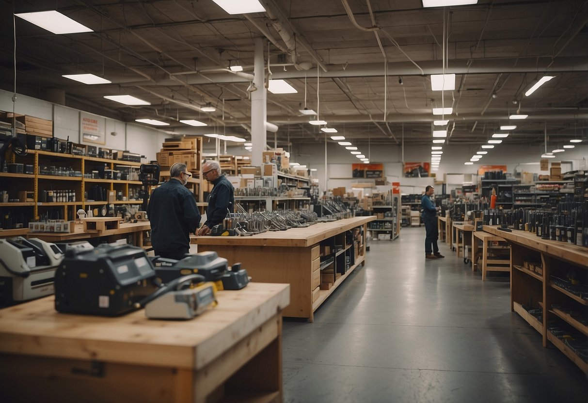 A bustling hardware store with shelves of tools and furniture, customers browsing, and staff assisting