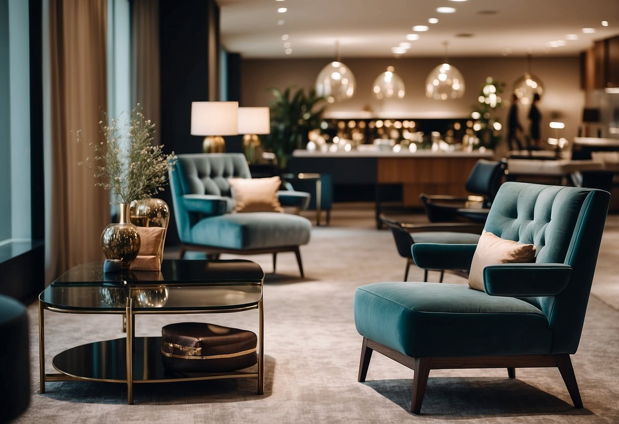 A showroom filled with modern hotel furniture for sale, featuring sleek chairs, elegant tables, and stylish decor accessories