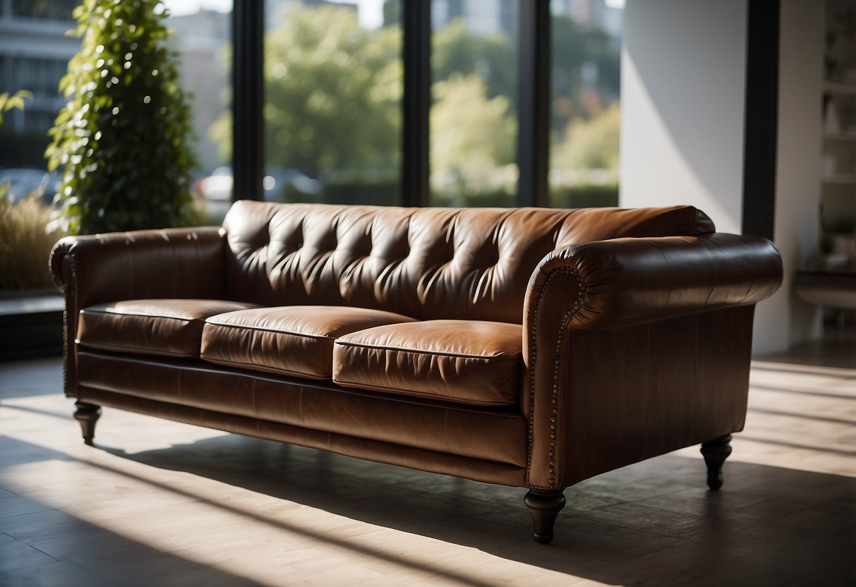 A leather sofa with visible wear and tear, in need of repair, sits in a living room with natural light streaming in