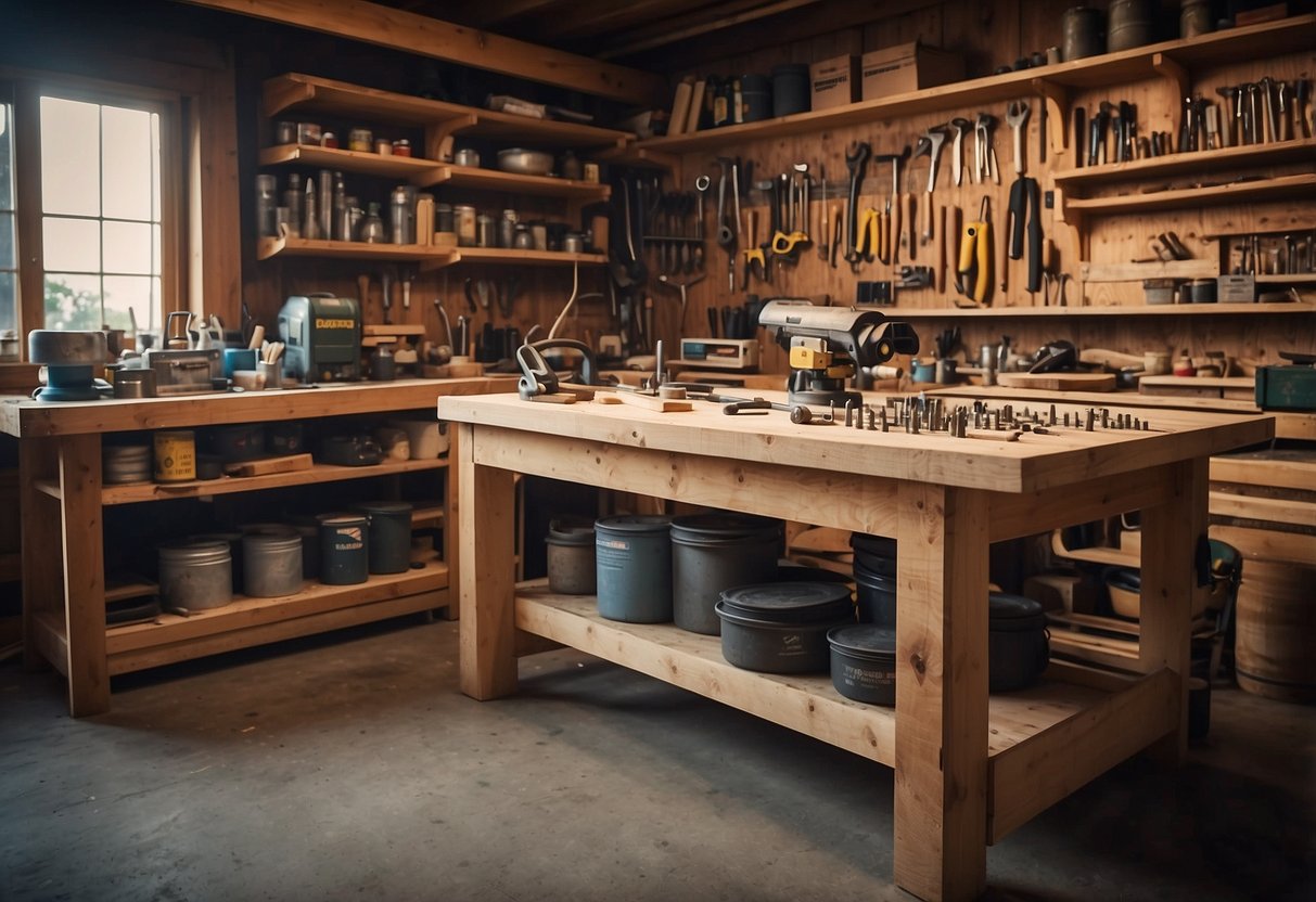 A cluttered workbench with tools, paint cans, and lumber. Shelves stocked with screws, nails, and hinges. A variety of furniture pieces displayed in the background