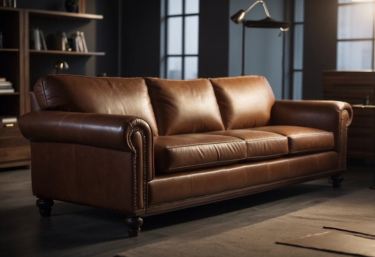 A leather sofa with visible wear and tear, a repair kit nearby, and a professional repairing the furniture