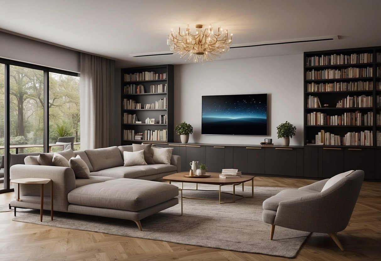 A room with a sofa facing a TV, coffee table in front, and bookshelves on the side. A dining table with chairs nearby