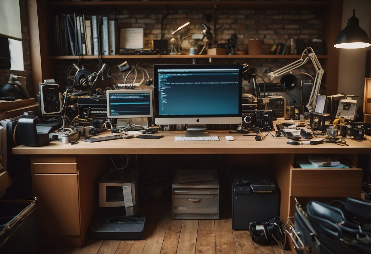 A cluttered desk with scattered tools and furniture parts. A manual and a computer screen display "Frequently Asked Questions" on hardware and furniture