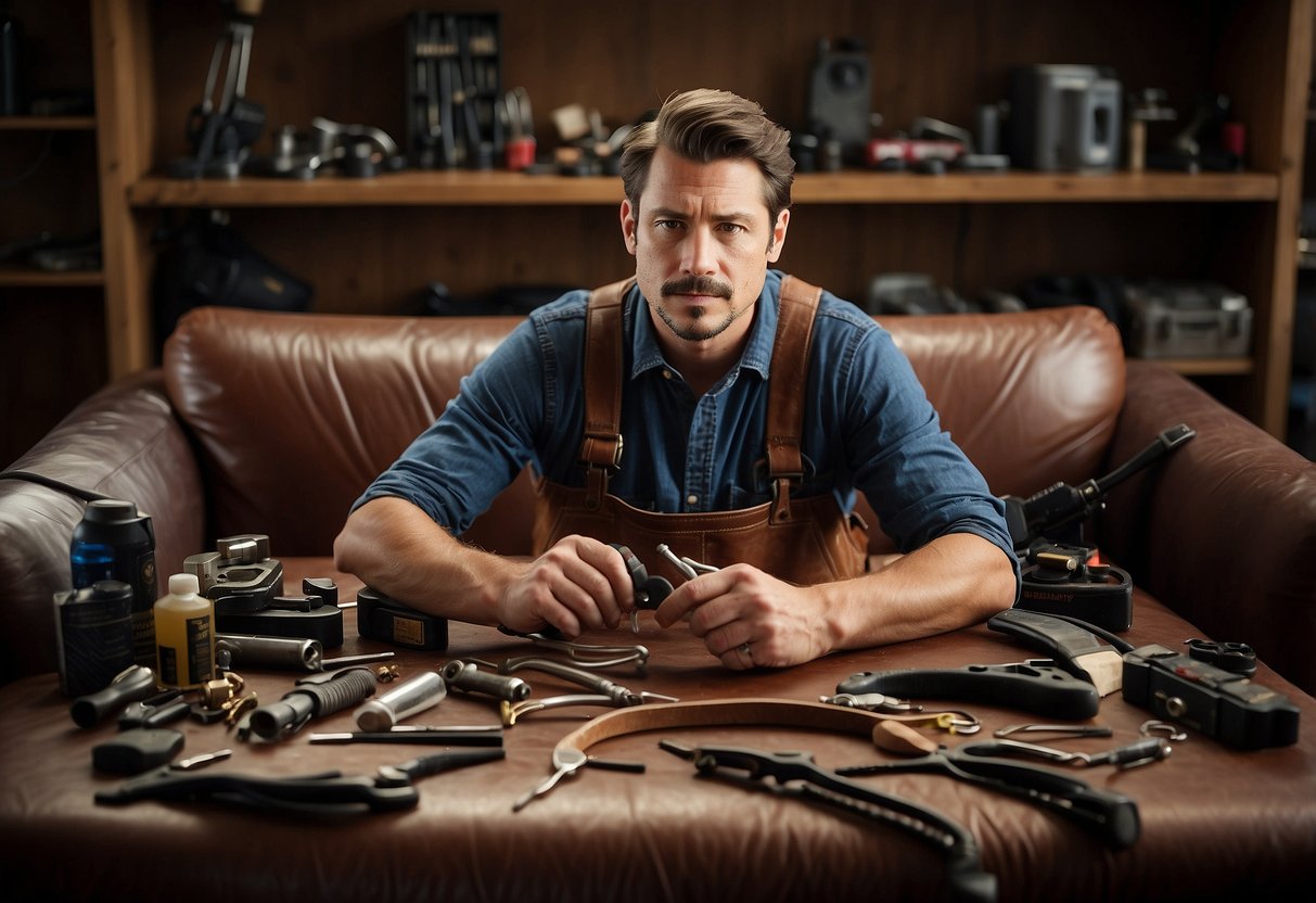 A leather repair technician working on a worn-out leather sofa, surrounded by various tools and supplies, with a sign reading "Frequently Asked Questions leather furniture repair near me" displayed prominently