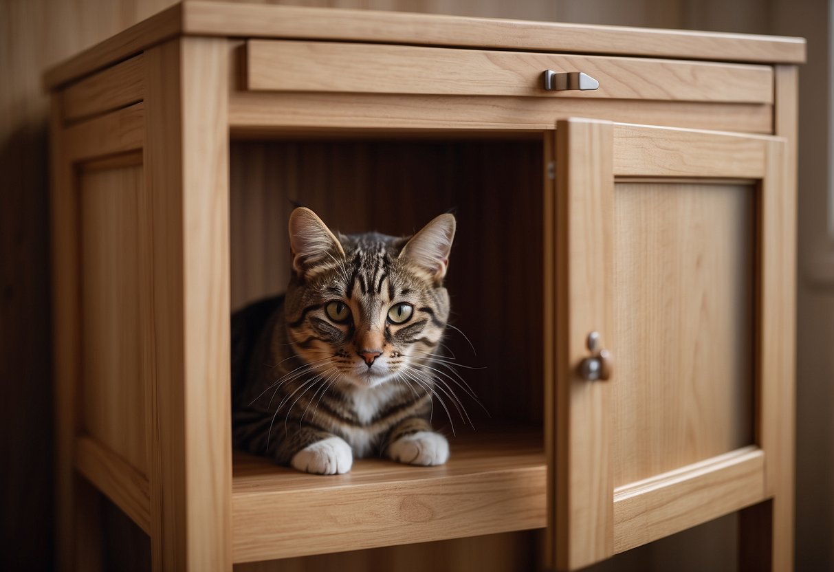 A wooden cabinet with a discreet entrance, housing a litter box and providing a functional surface for storage or display