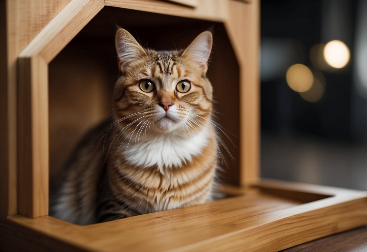 A cat enters a stylish, wooden enclosure with a hinged door. The enclosure contains a litter box and has a sleek, modern design, blending seamlessly with the surrounding decor