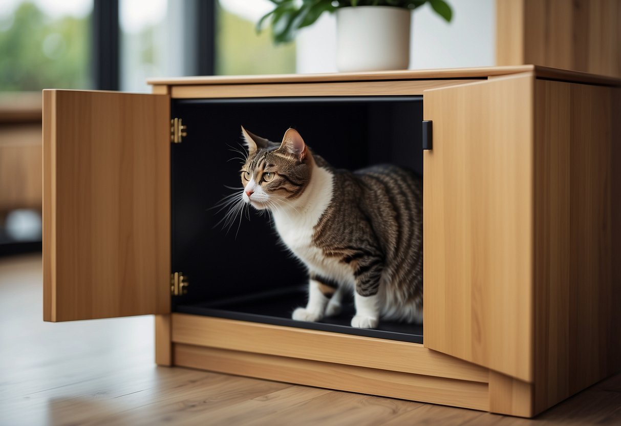 A cat litter box is placed inside a sleek, wooden cabinet with a hinged door. The cabinet is adorned with decorative trim and a polished finish
