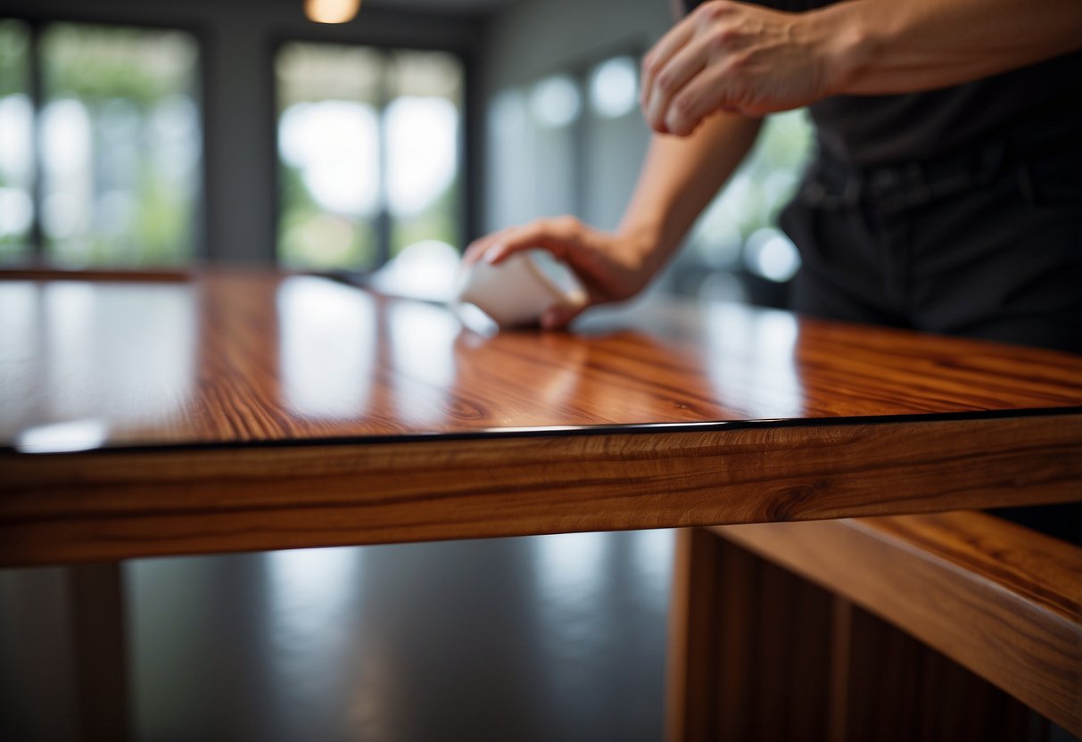 A wooden table is being carefully coated with high gloss lacquer, creating a smooth and reflective finish