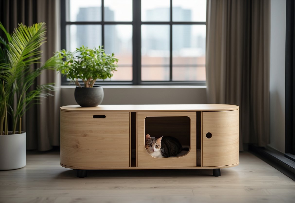 A stylish cat litter box furniture piece with open compartments, a discreet entrance, and a sleek design