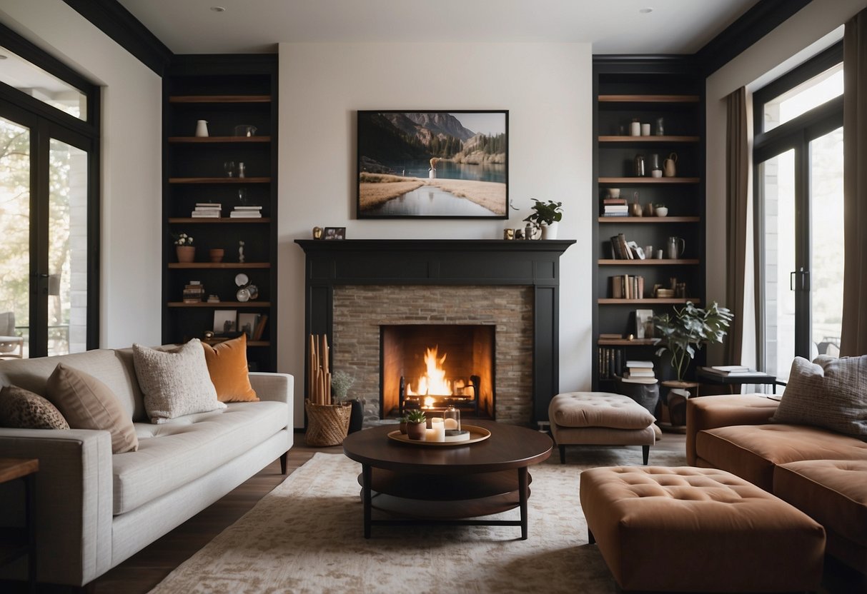 A cozy living room with a large, plush sofa facing a fireplace. A coffee table sits in the center, surrounded by accent chairs and a bookshelf