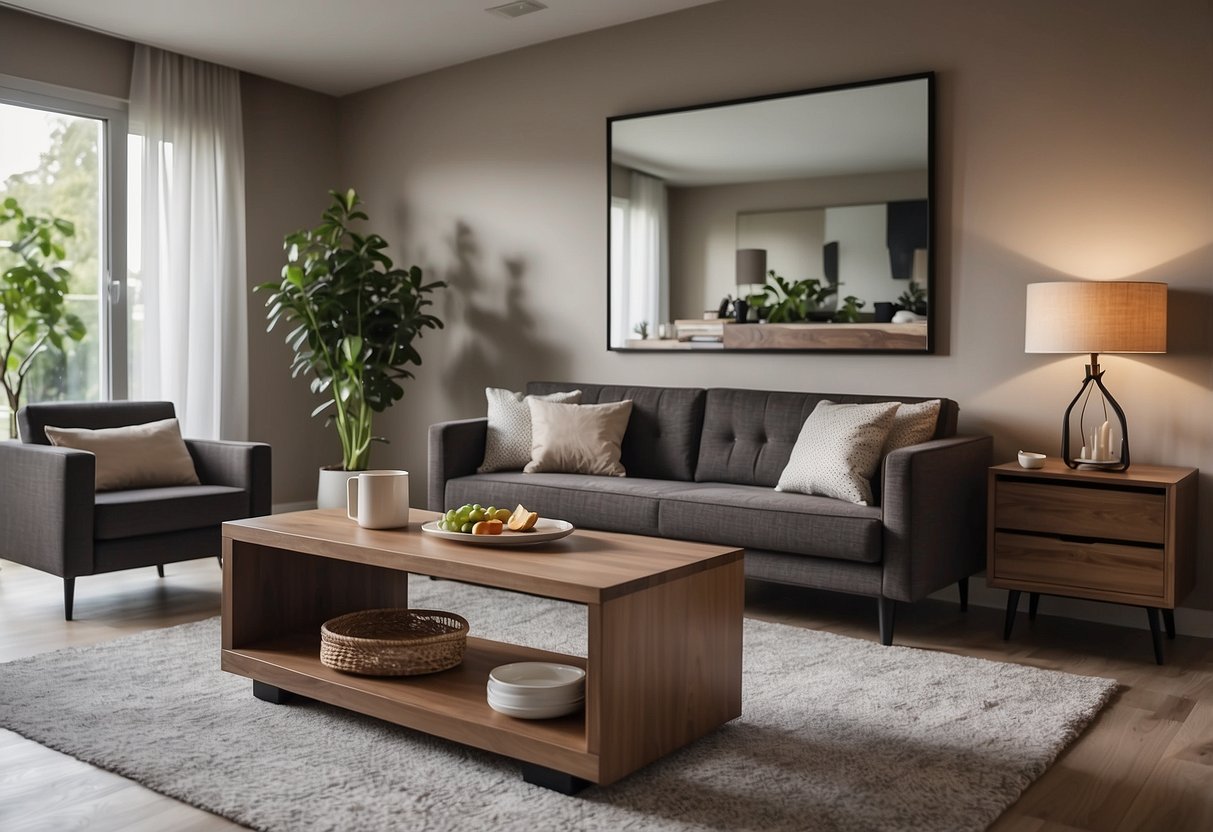 A living room with a sofa, coffee table, and TV stand. A dining area with a table and chairs. A bedroom with a bed, nightstands, and a dresser