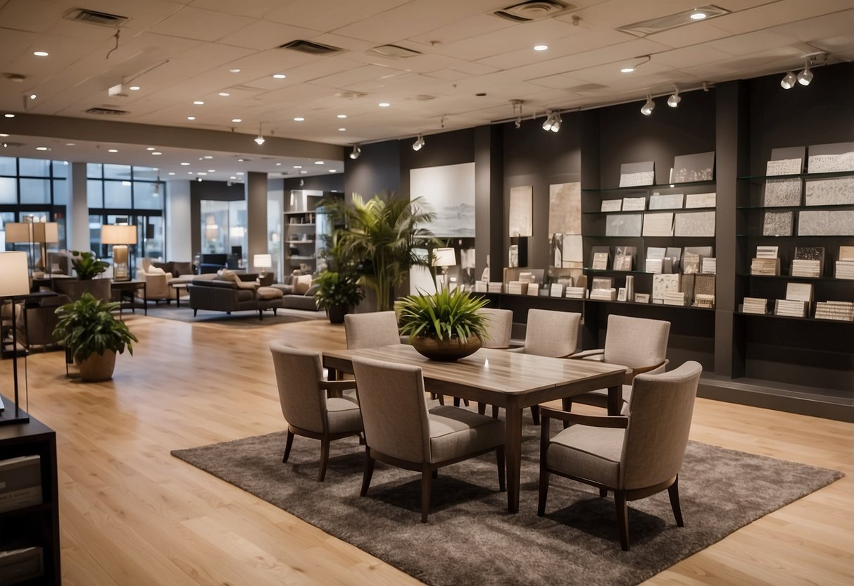 A well-lit showroom displays elegant, durable furniture. Shelves hold catalogs and brochures. Knowledgeable staff assist customers