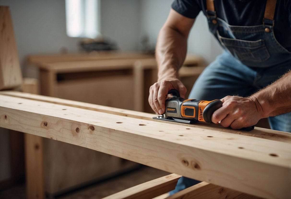 A carpenter dismantles built-in furniture, using tools to carefully remove each piece from the wall and floor