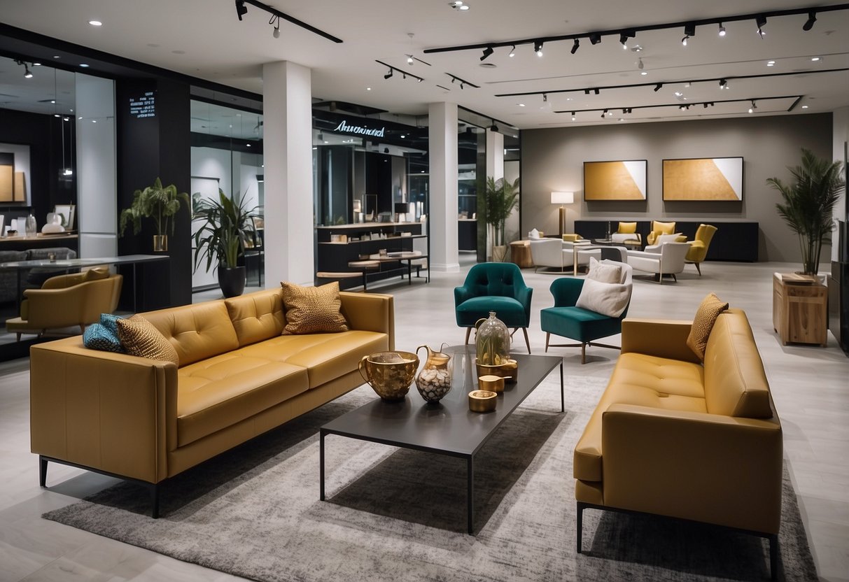 A spacious showroom with modern, sleek furniture displayed in well-lit vignettes. A variety of styles and colors are showcased, with price tags clearly visible