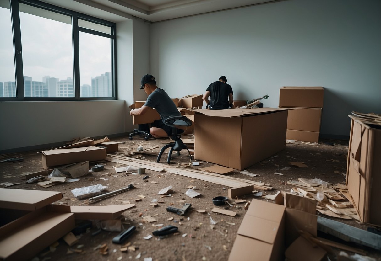 A room with a professional removing built-in furniture in Singapore, with tools and debris scattered around