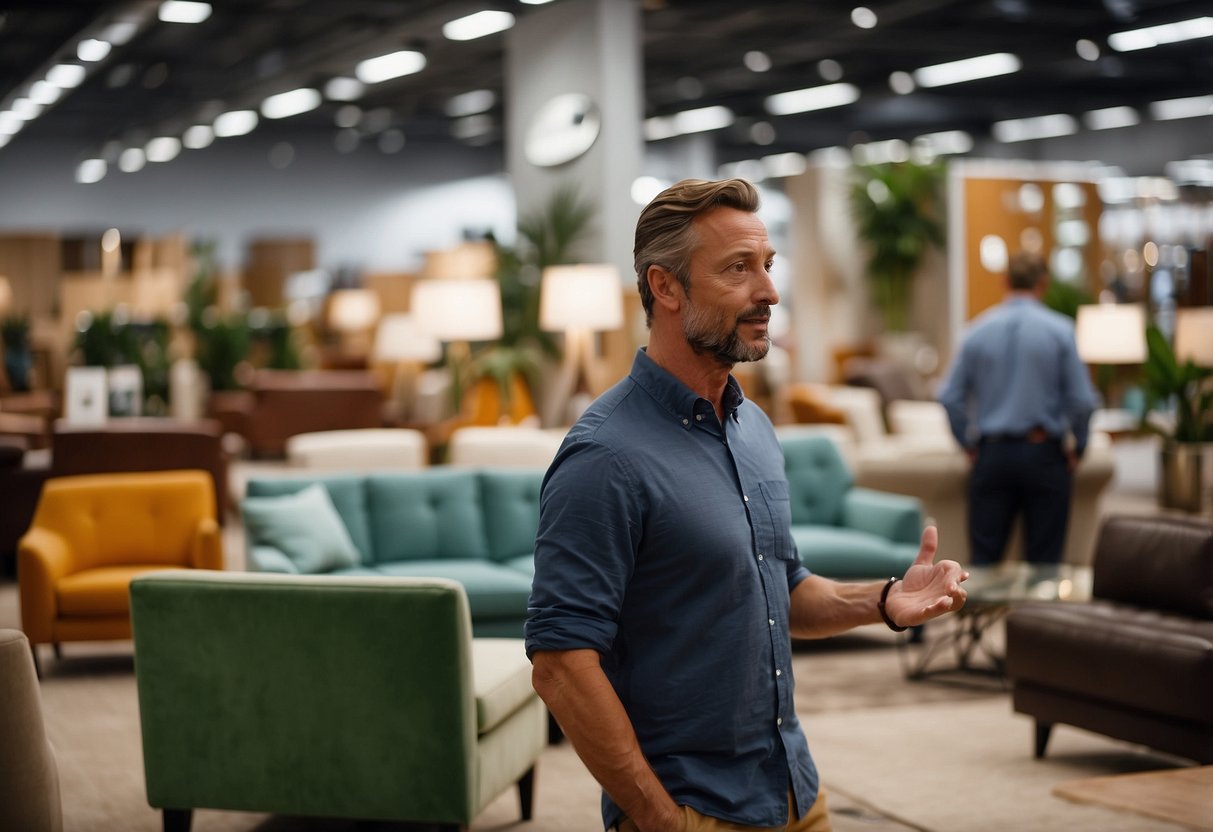 A customer browsing through a variety of furniture options, with a helpful salesperson answering questions