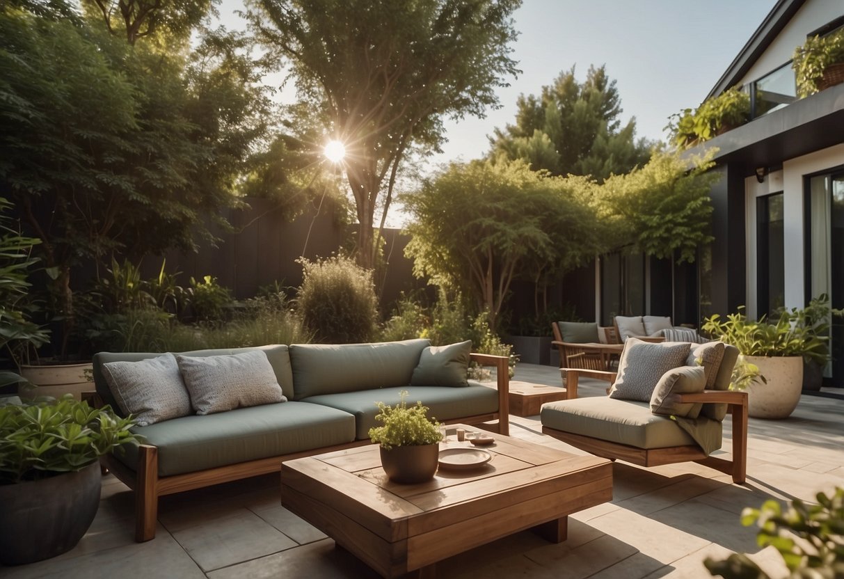 A spacious outdoor patio with modern furniture, including a comfortable sofa, sleek coffee table, and stylish chairs, all surrounded by lush greenery and bathed in warm sunlight