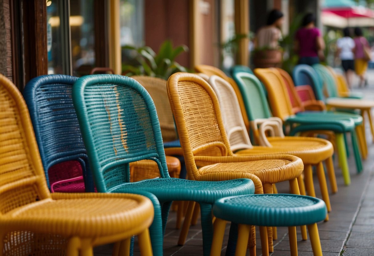 Rattan furniture shops line a bustling street in Singapore. Brightly colored chairs and tables fill the storefronts, while intricate woven designs catch the eye