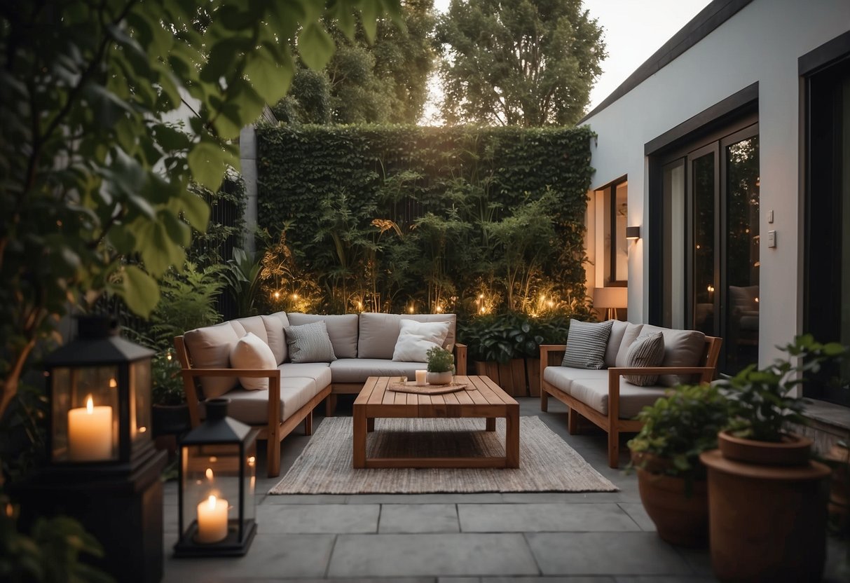 A cozy outdoor patio with modern furniture, surrounded by lush greenery and soft ambient lighting