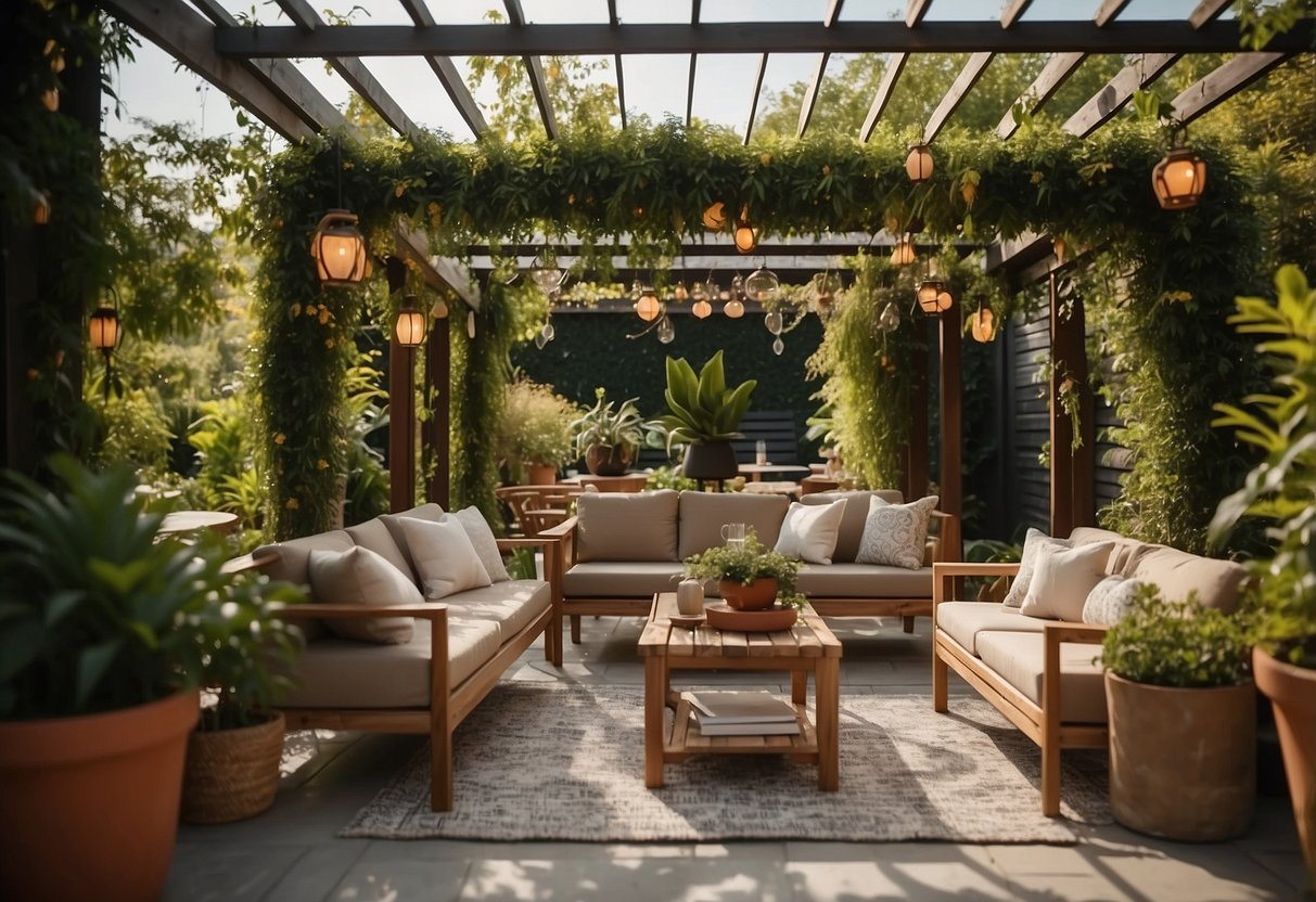 A cozy outdoor patio with a variety of stylish and comfortable furniture pieces arranged under a pergola, surrounded by lush greenery and potted plants